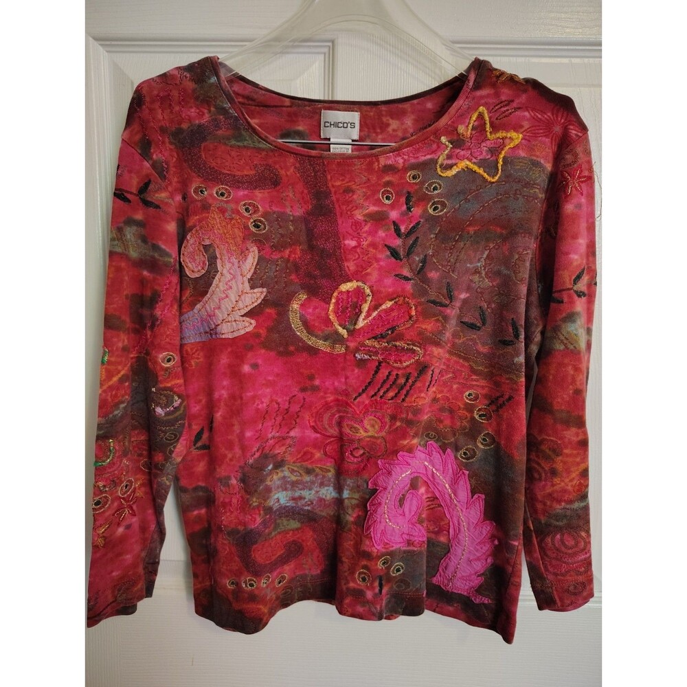 Chicos Sz1 Vintage Top Bohemian Embroidery/Aplique 100% Cotton Stretch Knit GUC